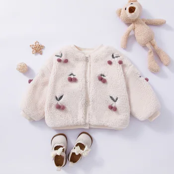 Girls' coat autumn and winter clothes Princess baby girl warm with velvet padded top Cherry sweater