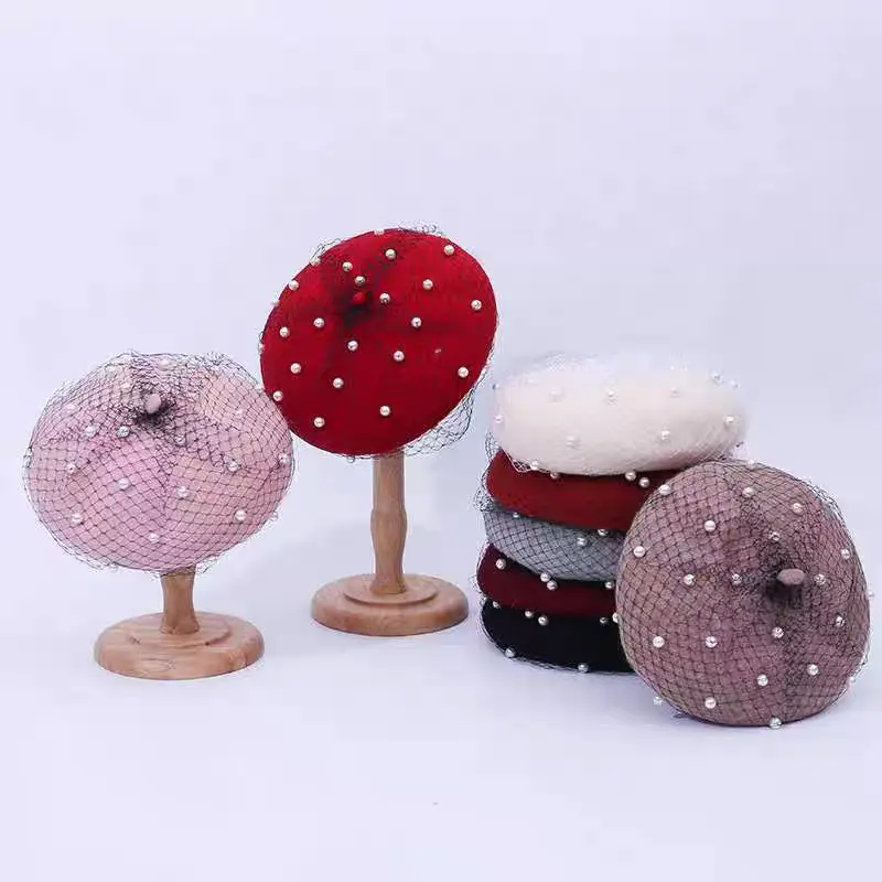Custom Logo Mesh Berets Pearl Beaded Cap Autumn Winter Retro Wool Beret Hats for Women Embroidery Boina