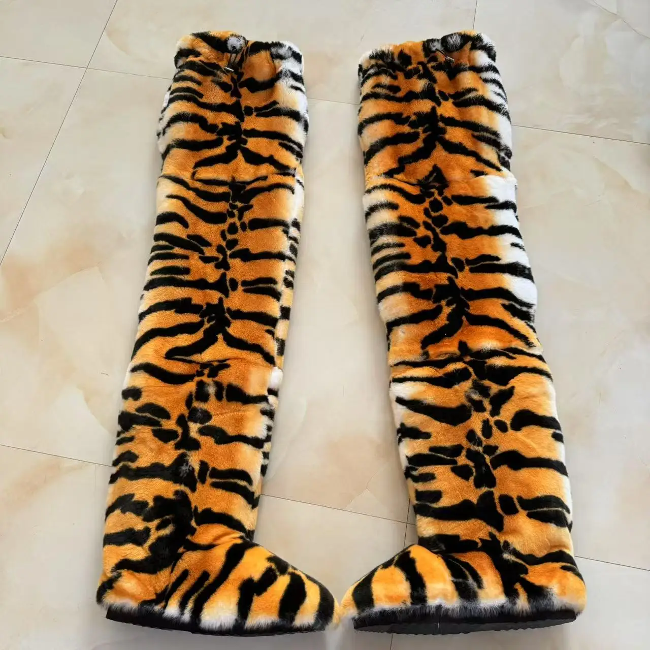 Winter Real Rex Rabbit Fur Long Boots Warm Plush Flat Outdoor Furry Over-The-Knee Women Boots