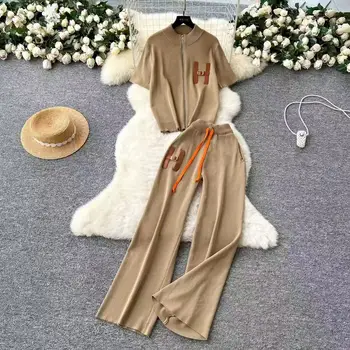 Zipper Short Sleeved Shirt Casual Wide Leg Pants Set Summer New Women's Two-piece Set