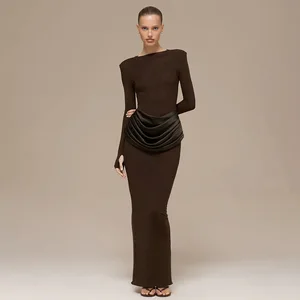Ruched Sexy Maxi Dress Women Gown Elegant O Neck Bodycon Club Party Split Long Dresses
