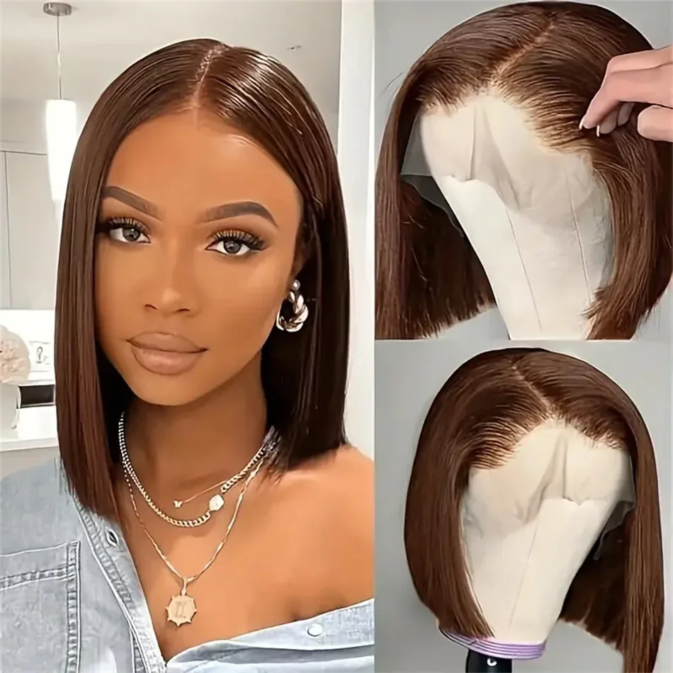 Chocolate Brown Bob Straight 13x4 Lace Human Hair Wigs 210% Density Brazilian Natural_voghion.com