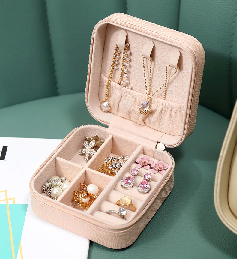 product a1 portable square shape storage jewelry case zipper box pu leather jewelry boxes necklace pendant earring ring organizer-4