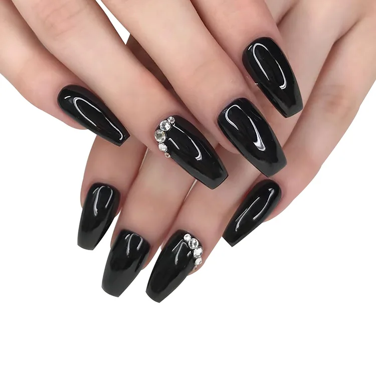 Customize High Quality Transparent Background Black love Pattern Glossy Black Artificial Fingernail  3d Rhinestones False Nails