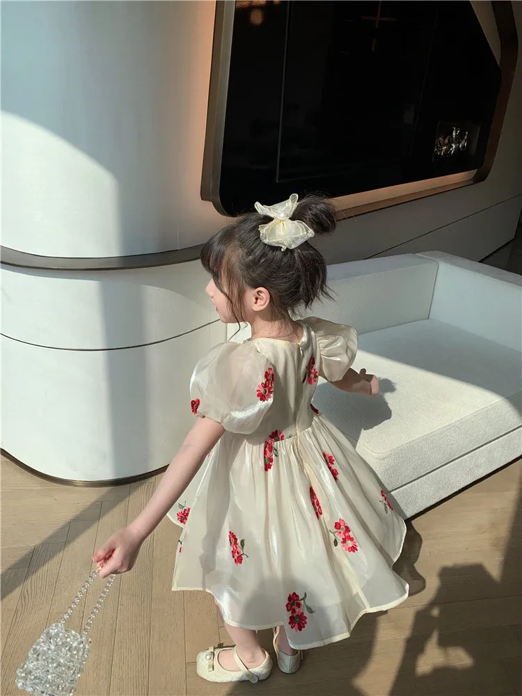 Latest Dress Designs Short Puff Sleeve Girls Fancy Frocks Embroidery Summer Dress for Children