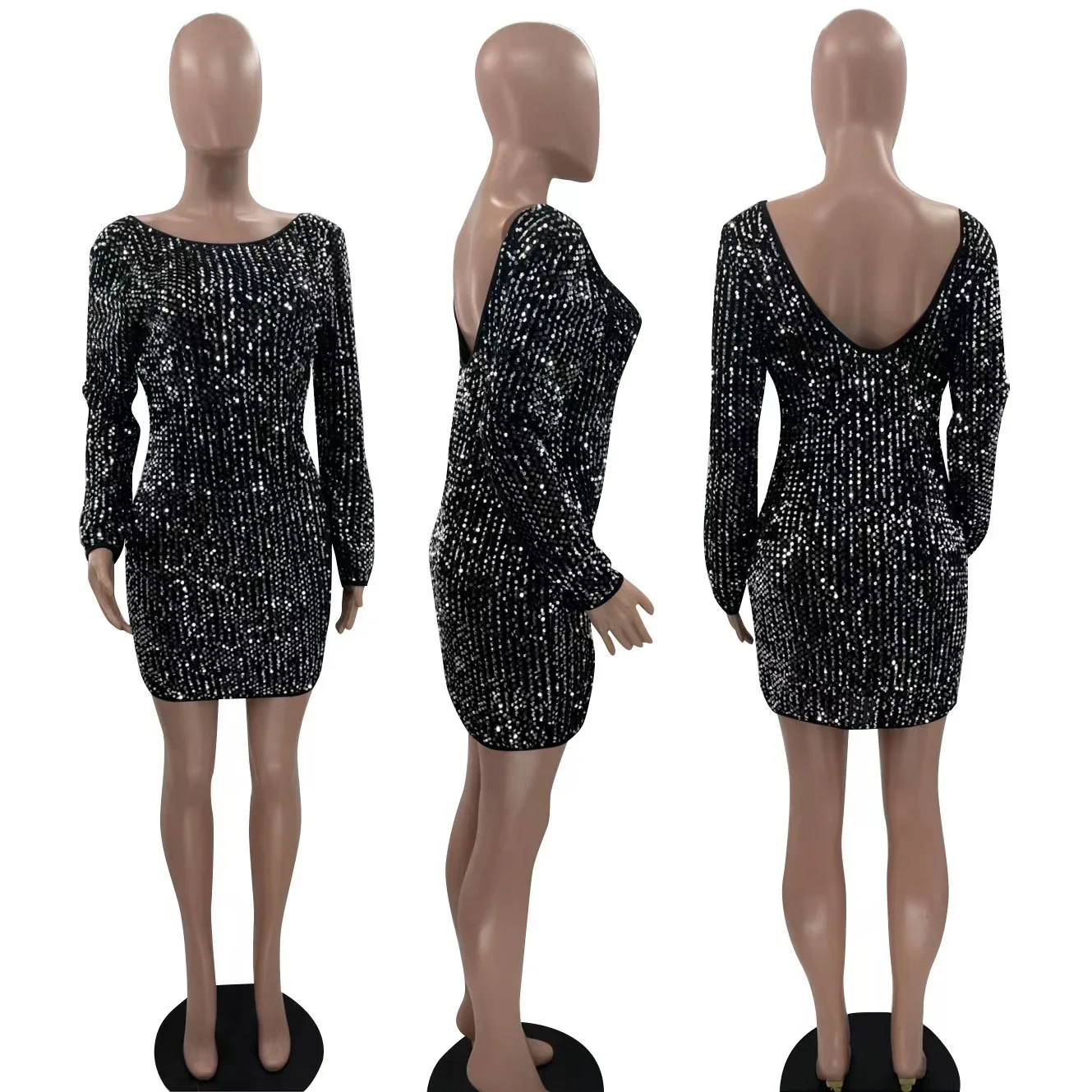 Bright Glaring Sequin Evening Dress - Long Sleeve Backless Bodycon Red Mini Party Dress for Women, Perfect for Clubwear Bright Glaring Sequin Evening Dress - Long Sleeve Backless Bodycon Red Mini Party Dress for Women, Perfect for Clubwear