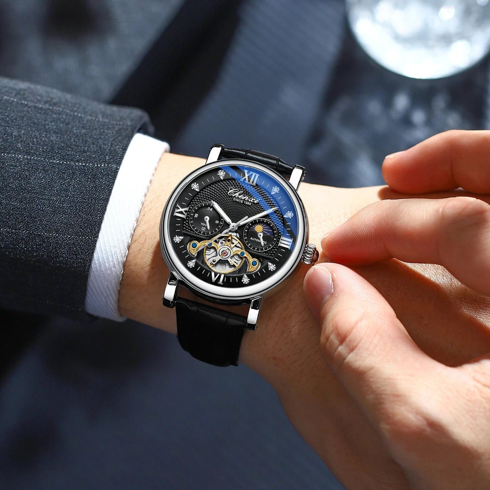 CHENXI 8876 Men's Automatic Mechanical Watch with Leather Strap
