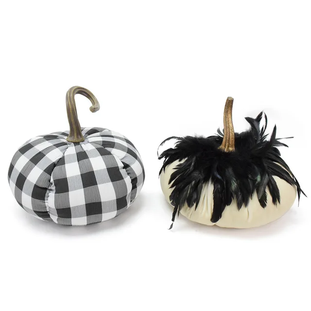 Handmade Plaid Pumpkin Ornament Feather Halloween Decorations for Home and Party Artificial Party Decorative Item