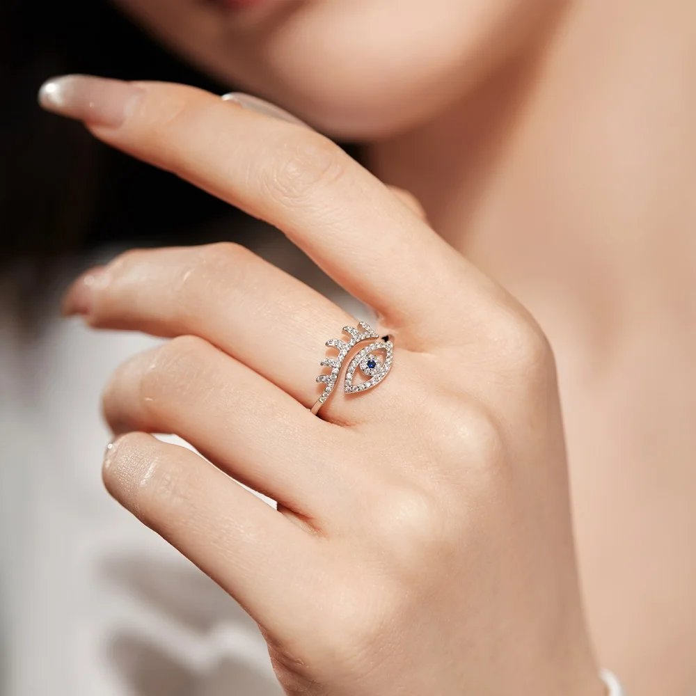 KAKODIY Fashion jewelry Cubic Zirconia ring 18K gold plated 925 sterling silver evil shape eye opening adjustable ring jewelry for women detail 1