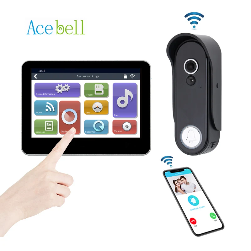 ACEBELL WiFi Visiophone Sans Fil,Interphone Vidéo Sans Fil avec Écran  Tactile 7 Pouces 1080P,IP55 Sonnette de Camera à Batterie  Rechargeable,Vision