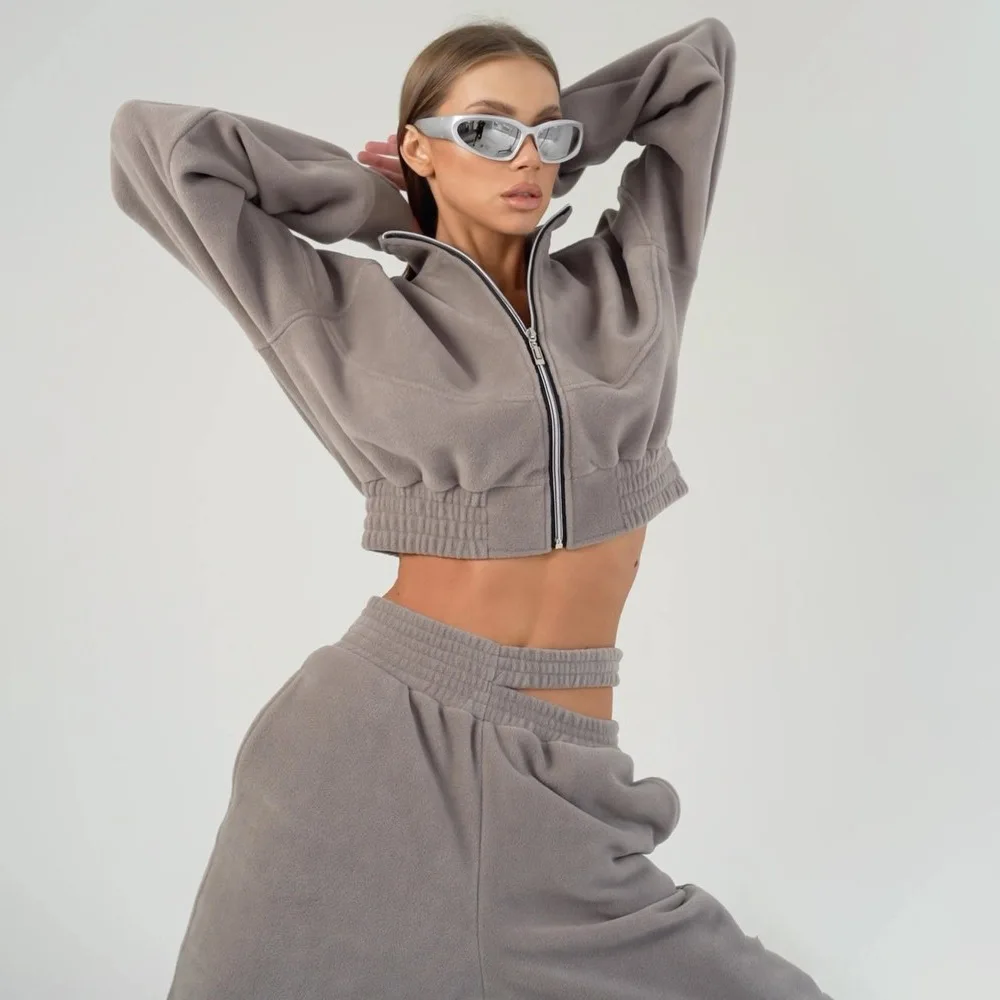 2025 Fall Winter Custom Logo Women Y2K Zipper up Fashion Sexy Crop Tops Sweatpants Set Women Tracksuits