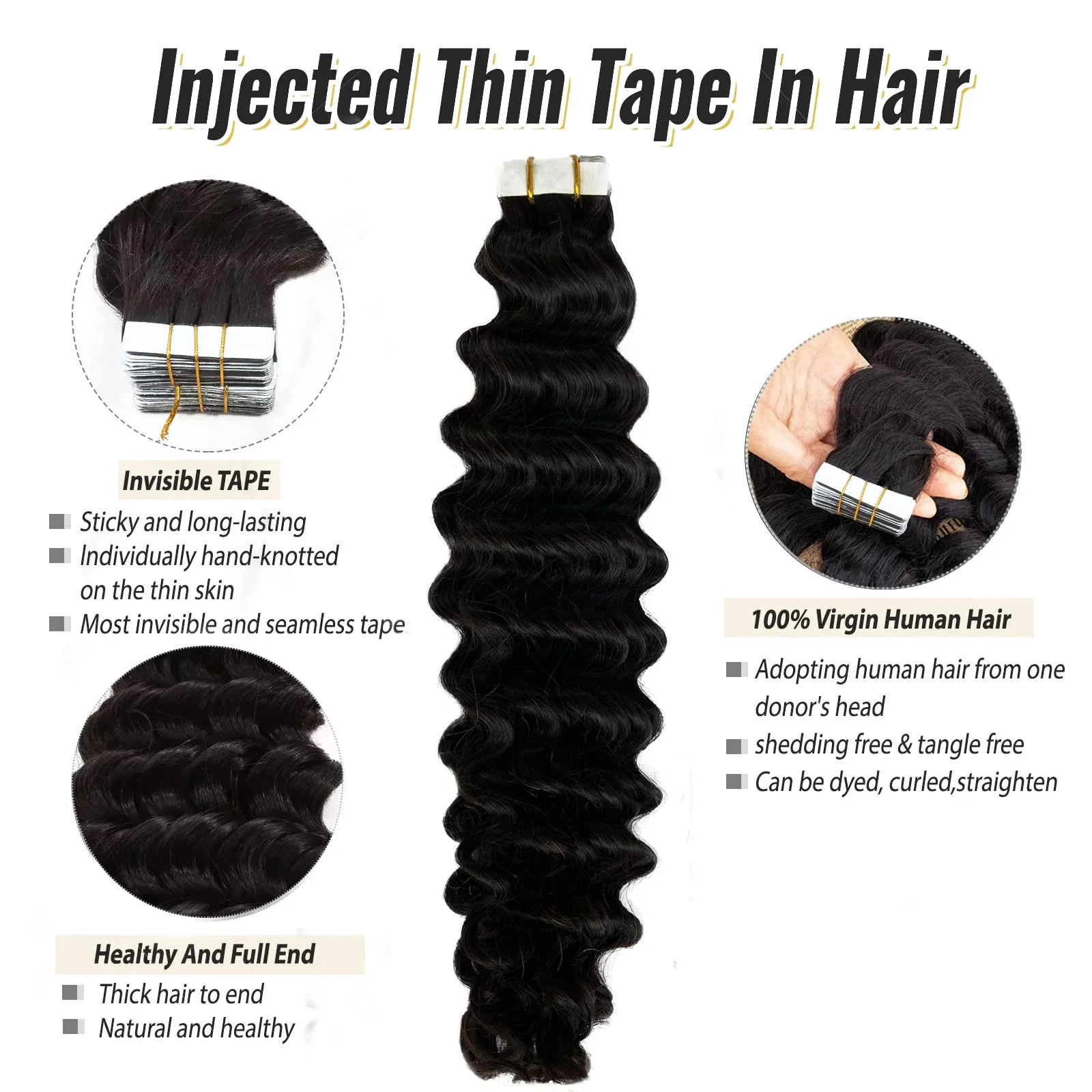 Deep Wave Tape In Human Hair Extensions Remy Hair Natural Color Skin Weft Tape In Extension_voghion.com