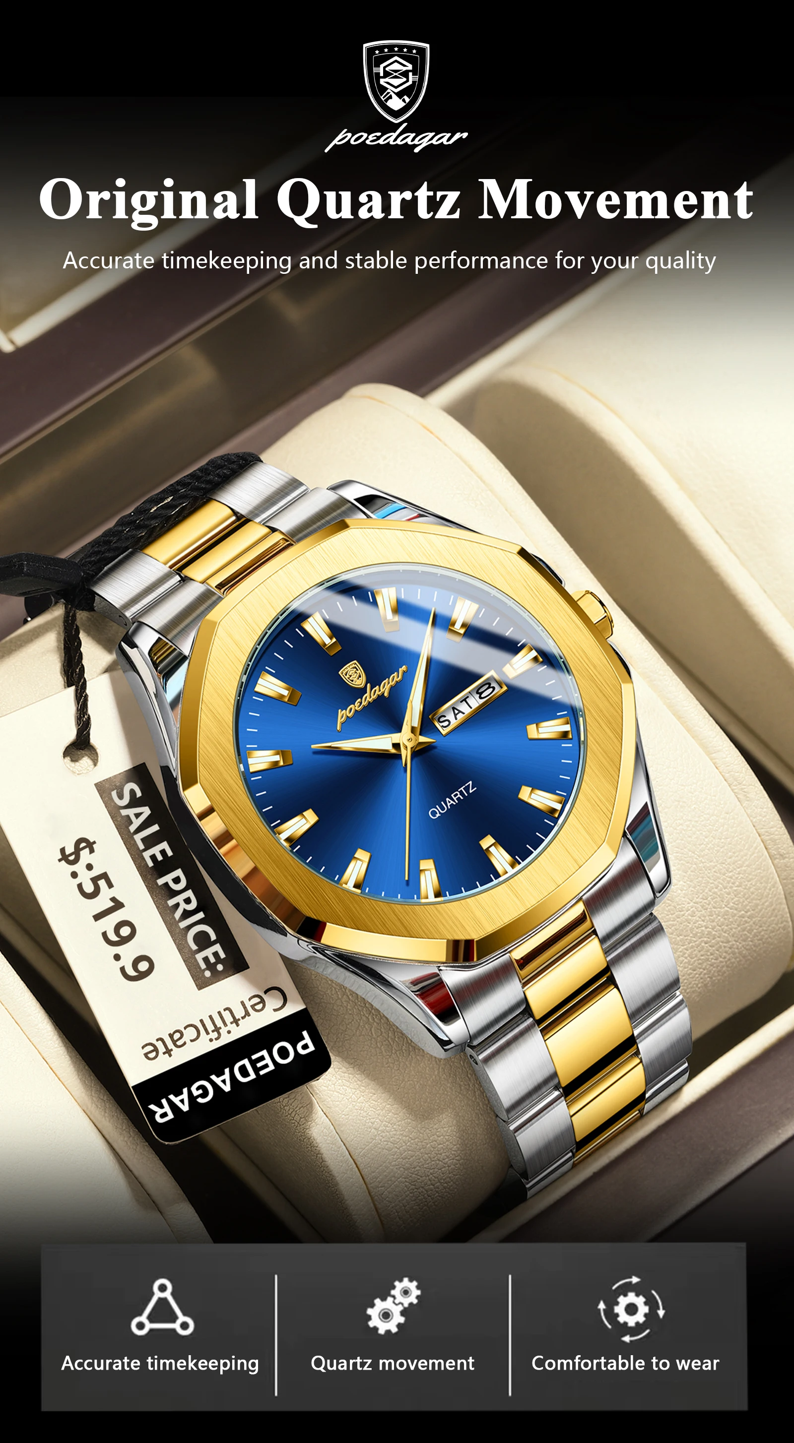 POEDAGAR 875 Men Waterproof Luminous Hands Watch Sport Stainless Steel Wristwatch Original Quartz Men's Dual Calendar Watches