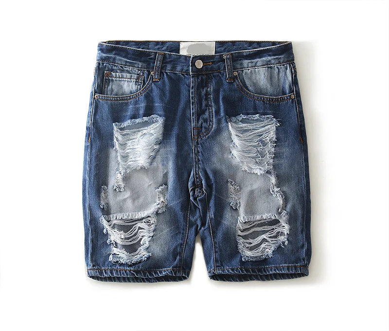 Pantalones vaqueros rasgados para hombre #Dark Blue ropa de marca para hombre verano pantalones cortos de tela vaquera entallados informales de moda Vintage 
