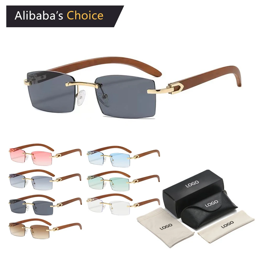 2024 New Stylish Custom Logo Designer Luxury Mens Shades Small Frame Rectangle Rimless Sunglasses Wooden Sunglasses Men