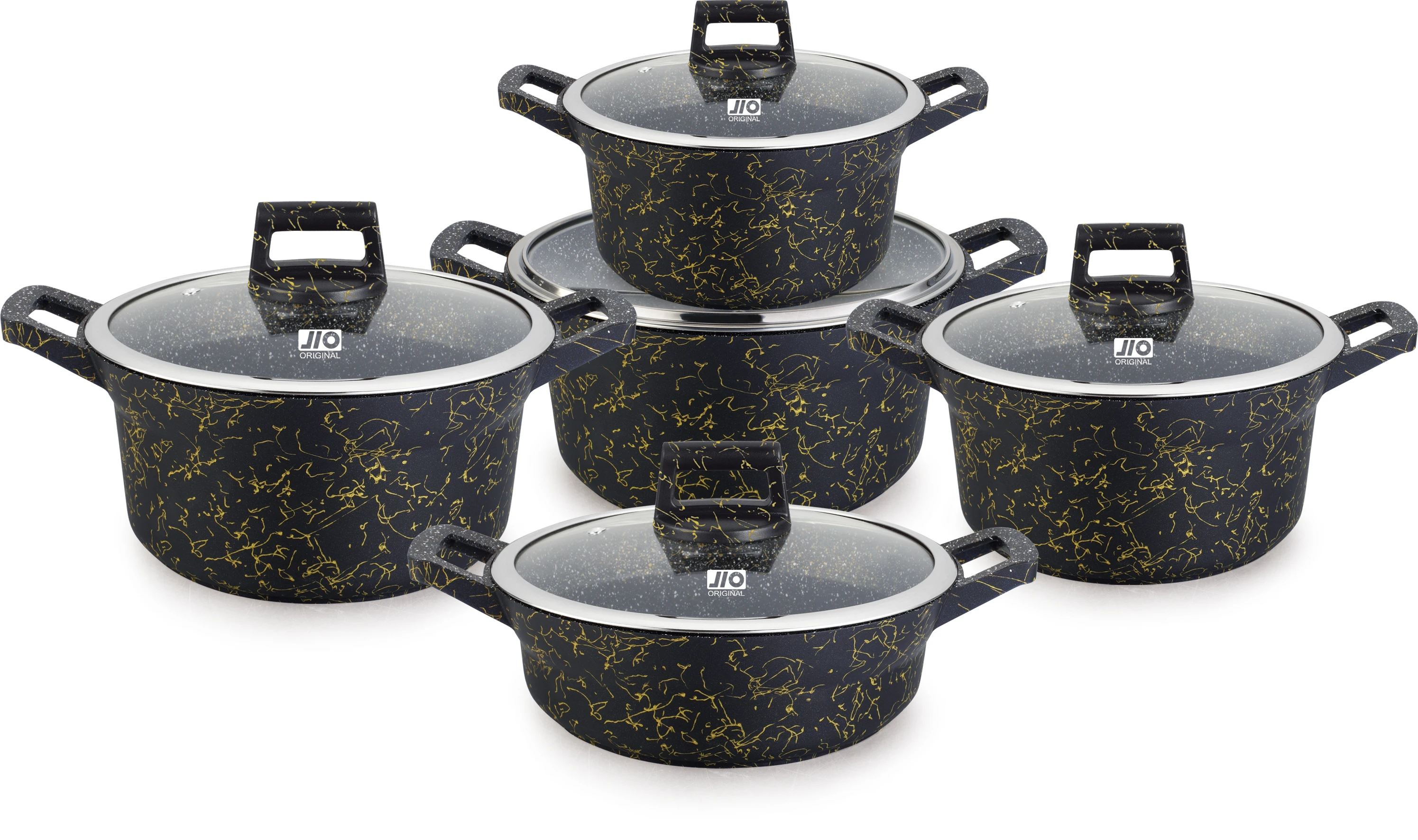 Ucc-Life Classic Design Cookware Casserole Set Metal Cooking Pots with Glass and Granite Kitchen Pot Collection