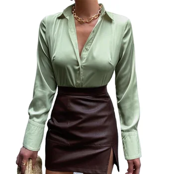 New 2022 Autumn Fashion Button Up Satin Silk Shirt Long Sleeve Custom Plain Blouses Elegant Shirt Tops Women's Blouse & Shirts
