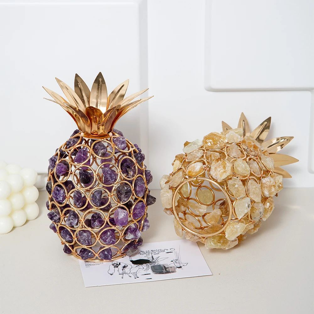 Natural Crystal Amethyst Tea Light Votive Candle Jar Holder Gemstone Pineapple Shape Table Lamp for Home Deco