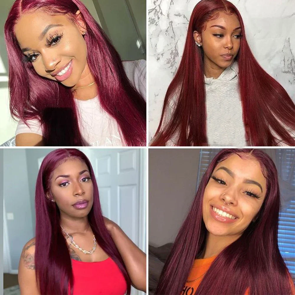 Burgunderrote, glatte Perücke aus menschlichem Haar, 13 x 4 Spitzenfront, brasilianisches Remy-Haar, weich für Frauen_voghion.com