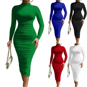 New Fashion Woman Elegant Dress High Neck Cocktail Bodycon Ruched Long Sleeve Wedding Club Dress