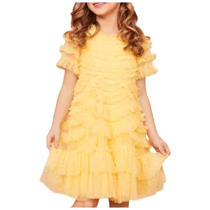 Custom Floral Printed Bright Yellow O-Neck Knee-Length Dress for Girls Short-Sleeved Lace Ruffles for Summer Season Kids ODM