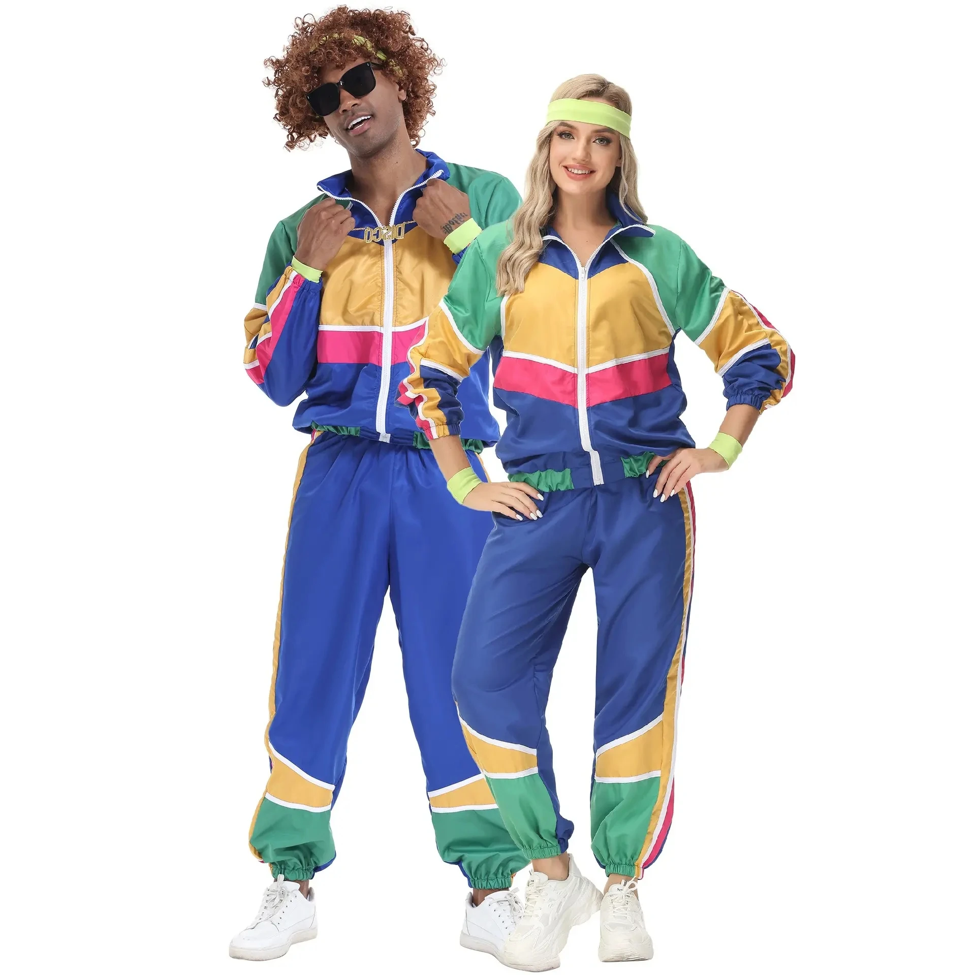 Retro 80s 90s Tracksuit Couple Costume Hip Hop Unisex Shell Suit Party  Dress 90s Tracksuits Costumes for Halloween Women