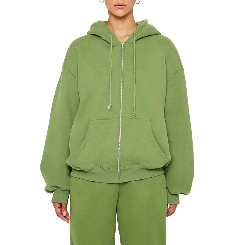 Calle Cremallera Sudadera con Capucha con Manga Larga-Verde Calle Cremallera Sudadera con Capucha con Manga Larga-Verde