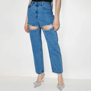 Factory Wholesale Autumn Winter Jeans Women High Waist Fashion Casual Hollow Out Diamonds Design Slim Ladies Denim Pants