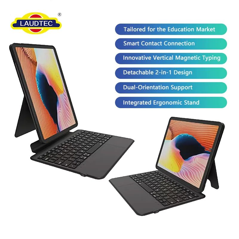 funda con teclado magnético desmontable y conector inteligente de 3 pines para iPad, con soporte ajustable para posición vertical y horizontal; colores personalizados; fabricación bajo pedido (OEM/ODM) al por mayor