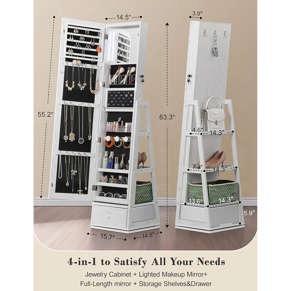 360° Swivel Rotatable Full Length Mirror Standing Jewelry Cabinet with Foldable Makeup Shelf and 3 Rear Storage Racks manufacture