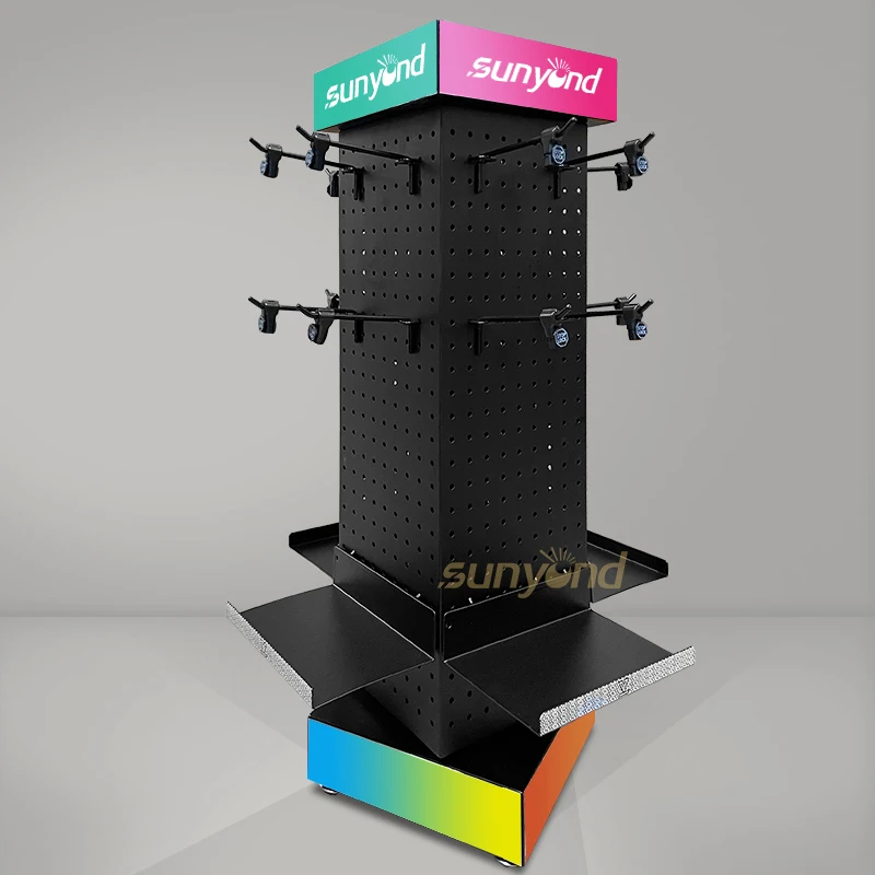 Swivel Floor Free Standing Board Shelf With Hook Display Rack Mobile