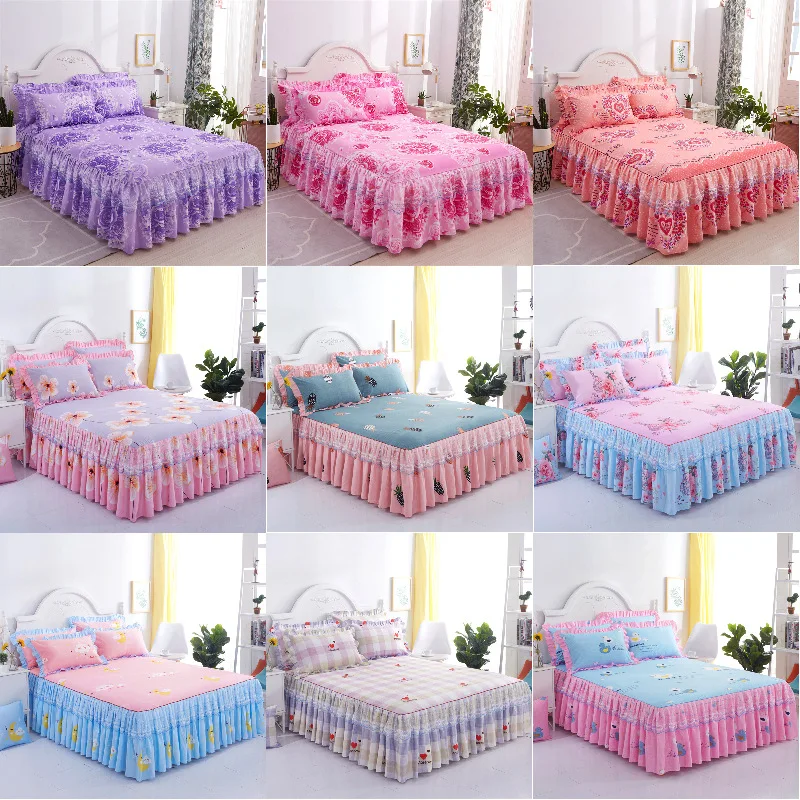 Lace Bed Skirt +2 Pillowcases Fashion Bedding Set Princess Bedspreads