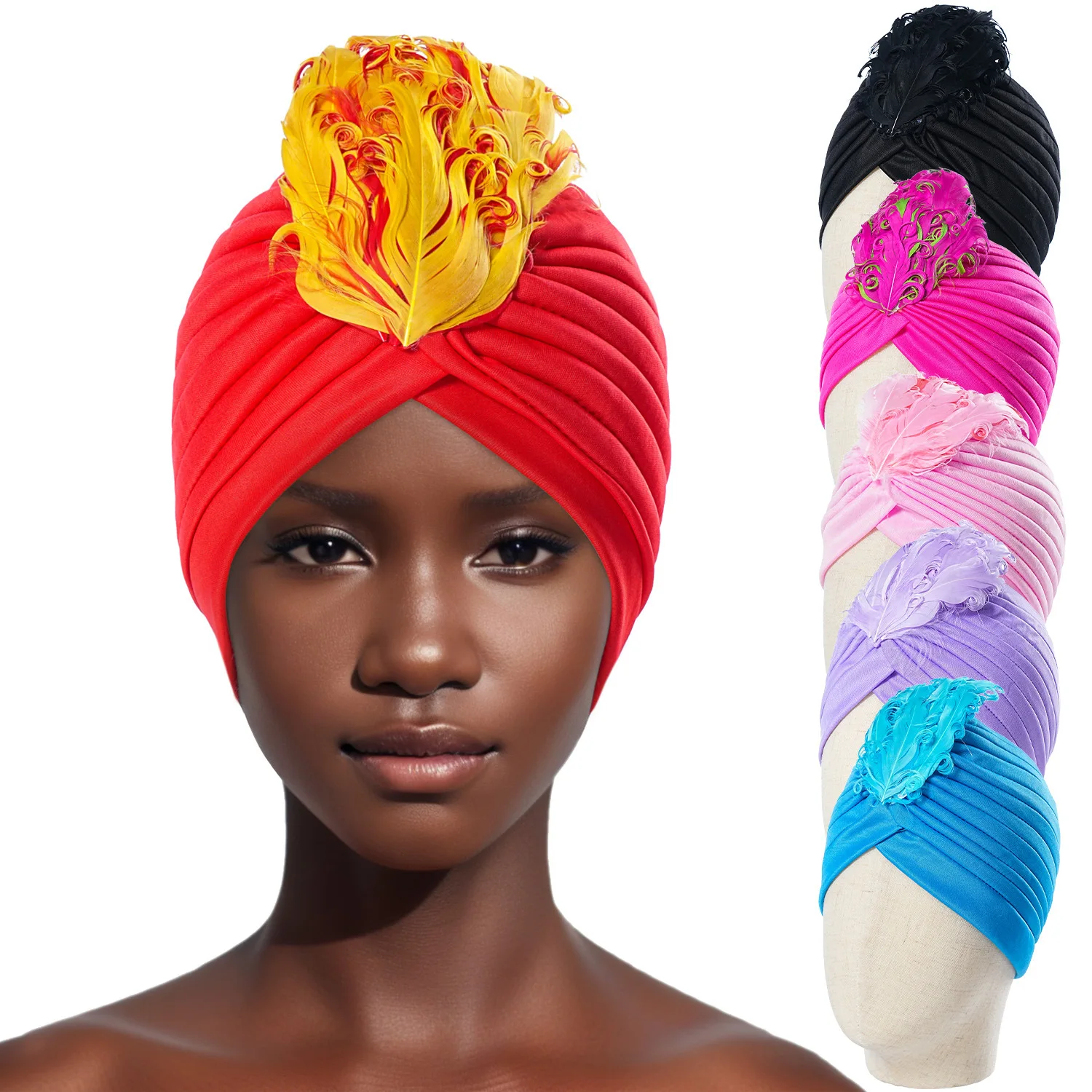 Zifeng OEM New Retro Pleated Feather Turban Bohemian Ethnic