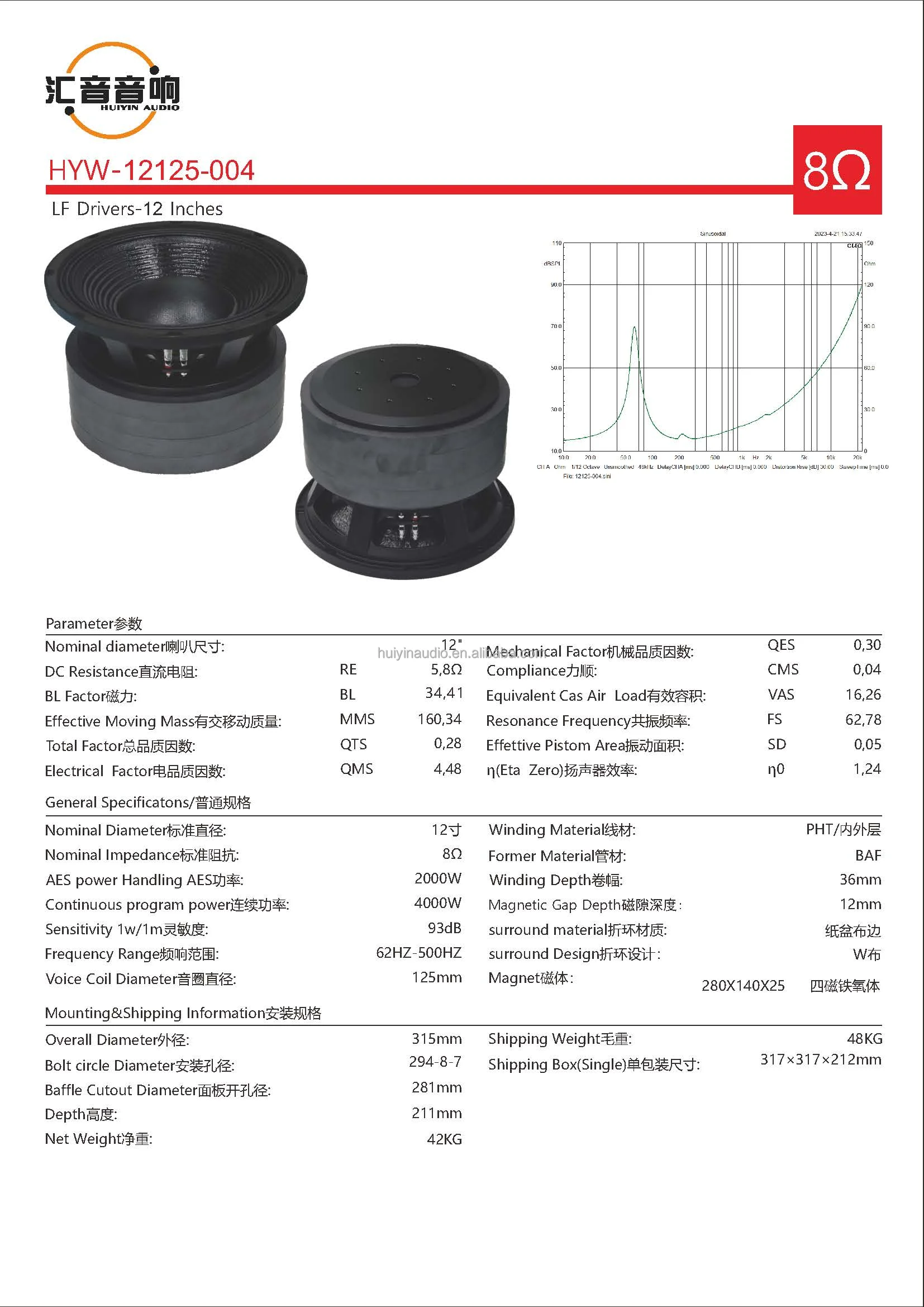 4-Layer Ferrite Magnet 12 Inch Subwoofers 12125-004 5 Inch Coil  RMS 2000W PA Speakers for Pro Audio Line Array Speaker