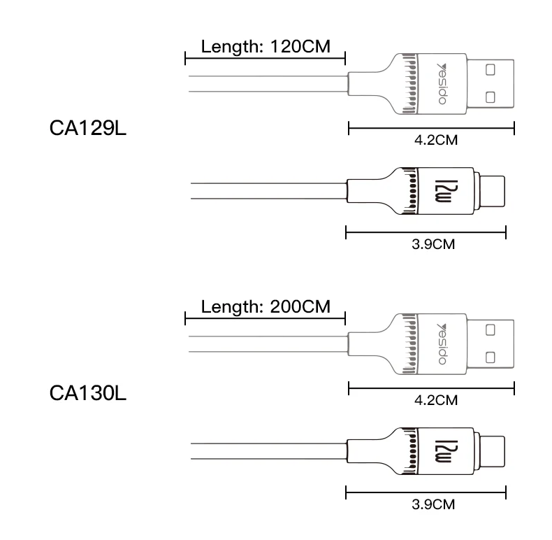 Yesido CA130L 2 متر USB إلى IP 12 واط شحن سريع مدمج في صحن سبائك الألومنيوم مضفر