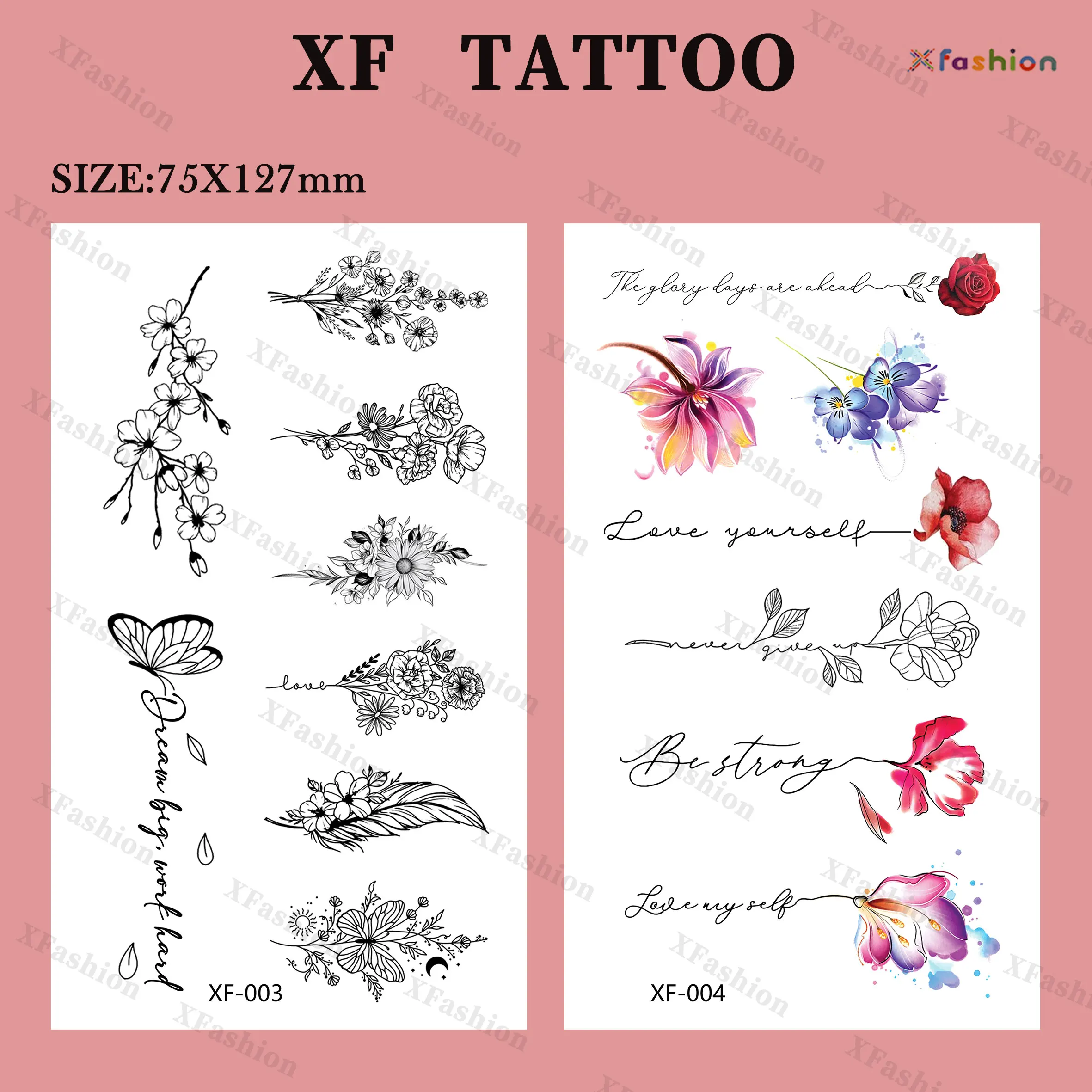 8 Sheets Tiny Tattoos Inspirational Words Realistic Temporary Tattoo Flower Floral Bouquet Stickers for Adult