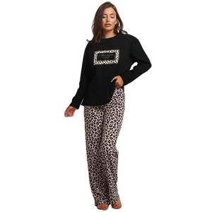 Custom Logo Pyjama Plus Size Leopard Print Pajamas Set Long Sleeve High Waist PJ Sets Soft Lounge Set for Women Sleepwear 2026
