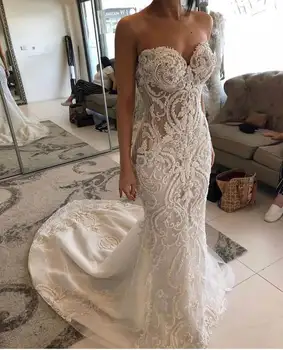 Luxurious Lace Beaded Wedding Dresses Mermaid Sweetheart Bridal Dresses Vintage Wedding Gowns