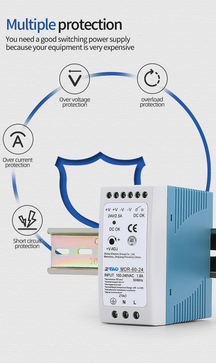 thumbnail interactive-video image 1 of Mean Well MDR-60-12 DIN Rail Power Supply - 12VDC 5A 60W, Universal Input, Industrial Use With Protections 1 of 12