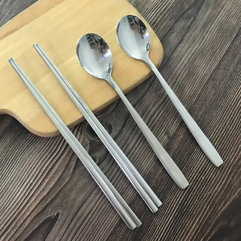2 Sets Chopsticks and Spoons Stainless Steel Metal Korean Chopsticks Spoon