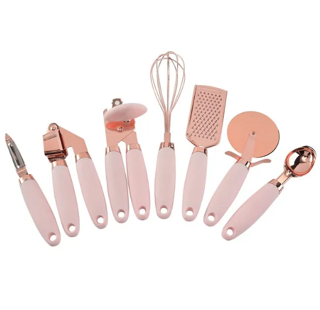 COOK With COLOR 7 Pc Kitchen Gadget Set Copper Coated Stainless Steel  Utensils with Soft Touch Pink Handles