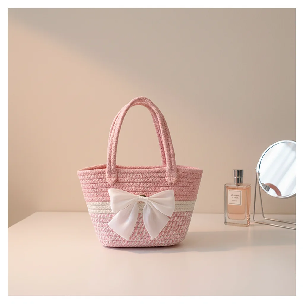 Handwoven Straw Shoulder Bag for Women Summer Beach Tote with Bow Flower Decoration Custom Logo Fashion Weaving Bag