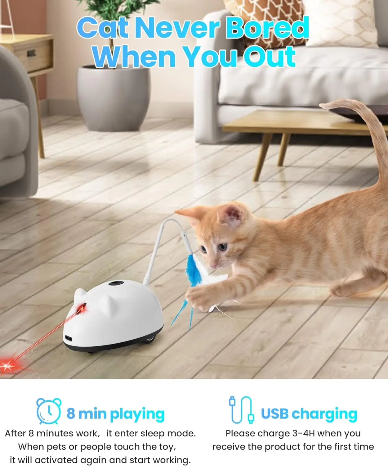 Cat Laser Toy Interactive Smart Automatic Electronic Cat Mouse Toys with Feather for Indoor Cats Kitten Play Teaser Pet Exercise
