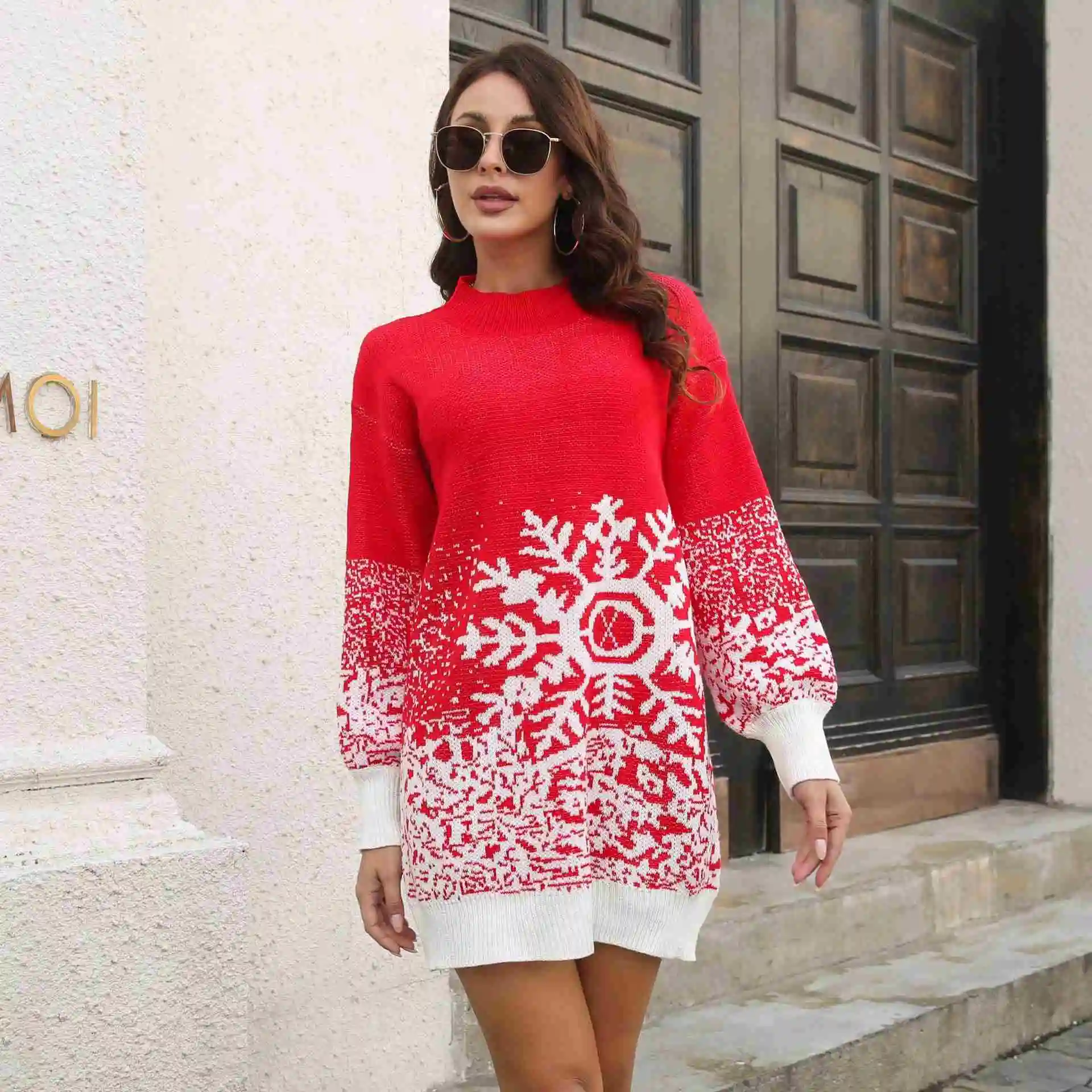 Ruizi Women Knitting Christmas Party Elegant Ladies Snowflake Lantern  Sleeve Skirt Dresses Loose Sweater Dress| Alibaba.com