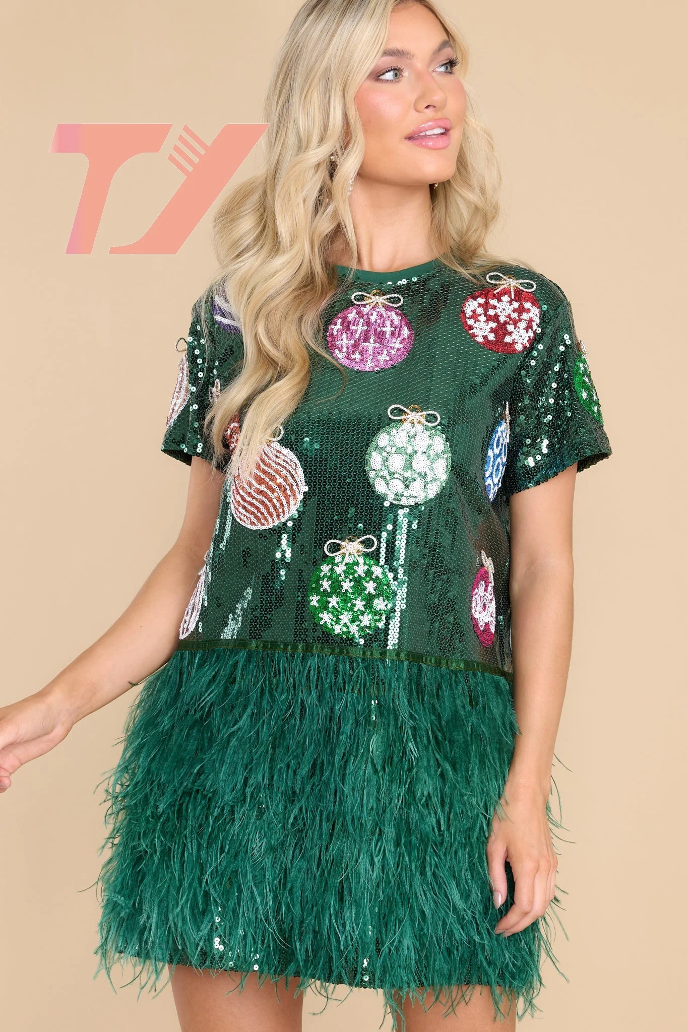 Tuoyi Christmas Party Girl Prom Dresses Sequin Sleeveless Green Feather ...