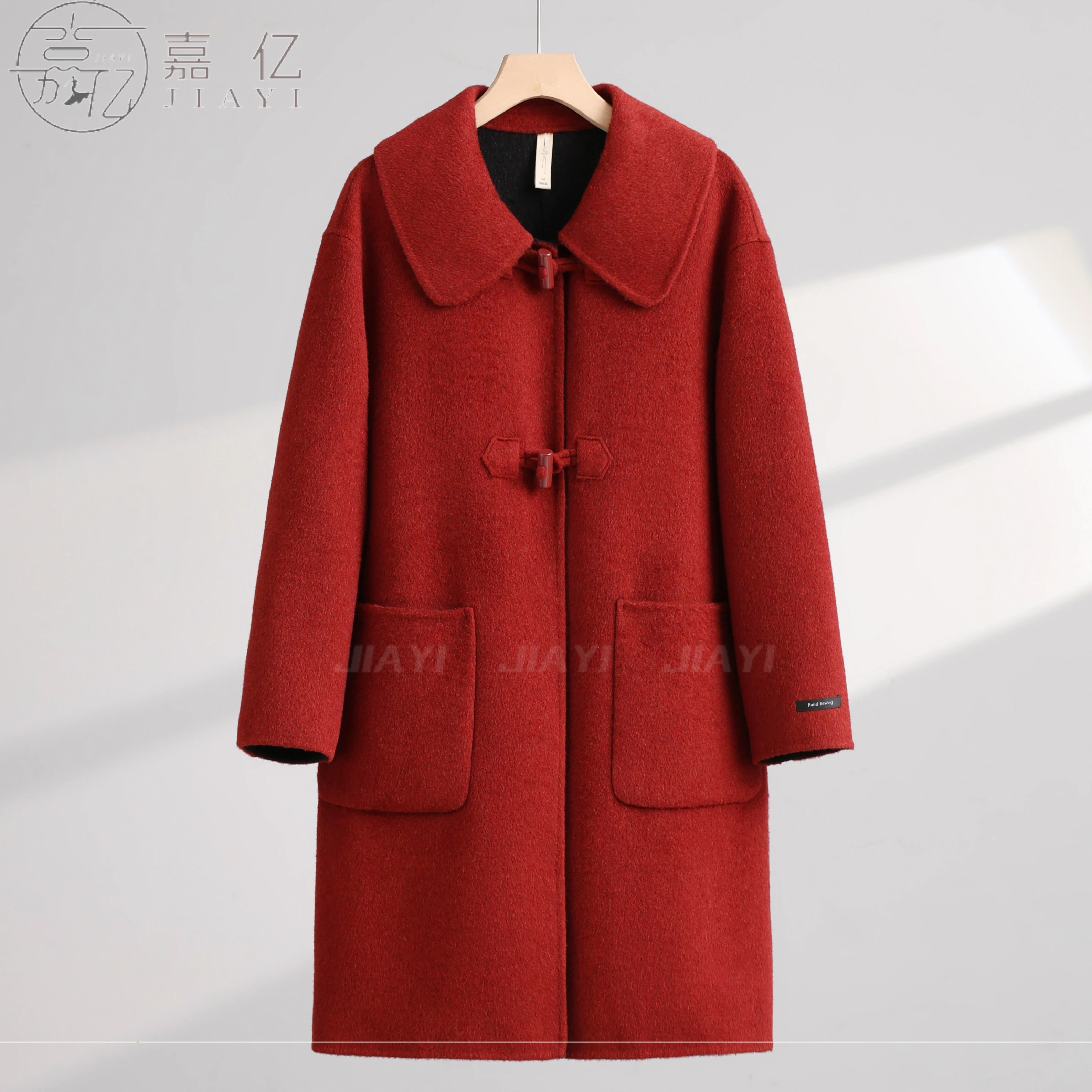 Women's Classic Double-Sided Wool Long Overcoat Warm Single Breasted Winter Coat Turn-Down Collar Belt Closure Cashmere Hood