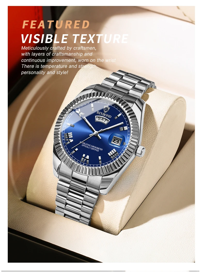 BINBOND 7012 B0733 0733 Men's Quartz Watch Waterproof Luxury Date Waterproof Luminous Fashion Stainless Steel Wristwatch for Man