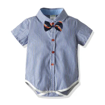 European and American baby boy clothes Yarn-dyed stripe shirt 100% cotton baby short-sleeved single-breasted crawl suit
