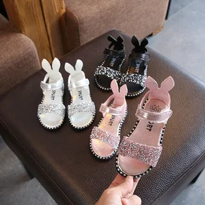 2026 New Summer Korean Style Princess Sandals for Girls 1-12 Years Old Rabbit Ears Sparkle Sequin Velcro Closure Fashion Sandals