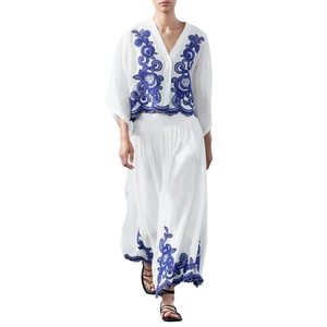 OEM/ODM Women's Casual Floral Satin Fashion Set Contrast Embroidered Top and Knee-Length Skirt for Summer
